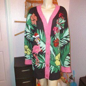 Holiday Ugly Christmas Sweater Cardigan Size XL Flamingo Glitter Sequins Poms